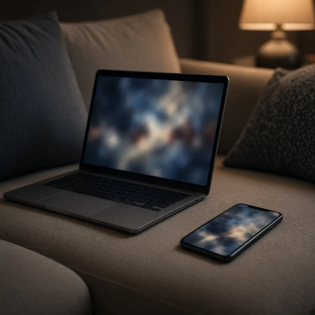 Notebook e celular no sofá à noite. Imagem ilustrativa