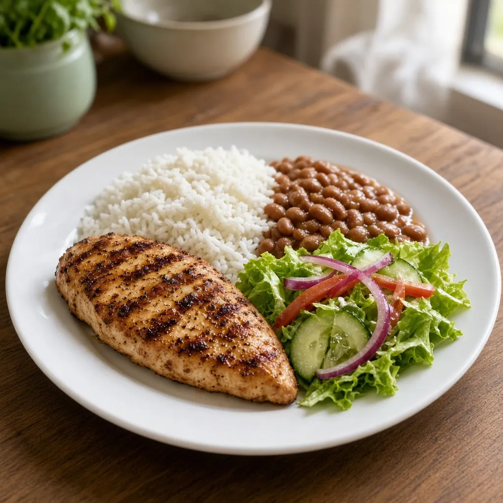 Prato com frango grelhado, arroz, feijão e salada. Imagem ilustrativa