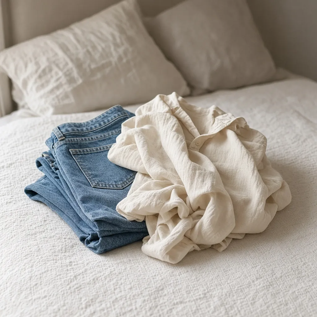 Calça jeans e blusa larga dobradas sobre a cama. Imagem ilustrativa